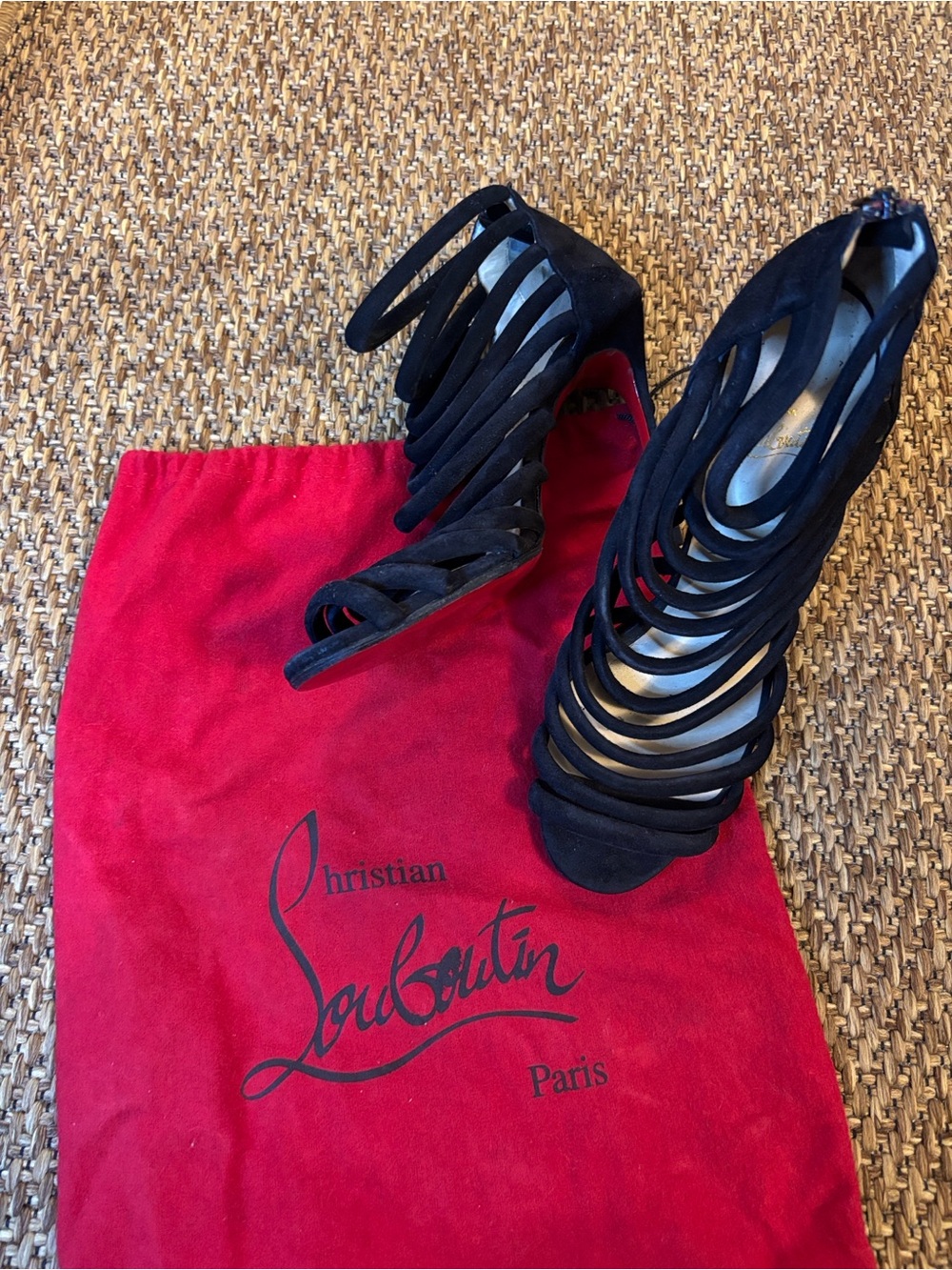 Christian Louboutin Black Strappy Suede Cage Heels